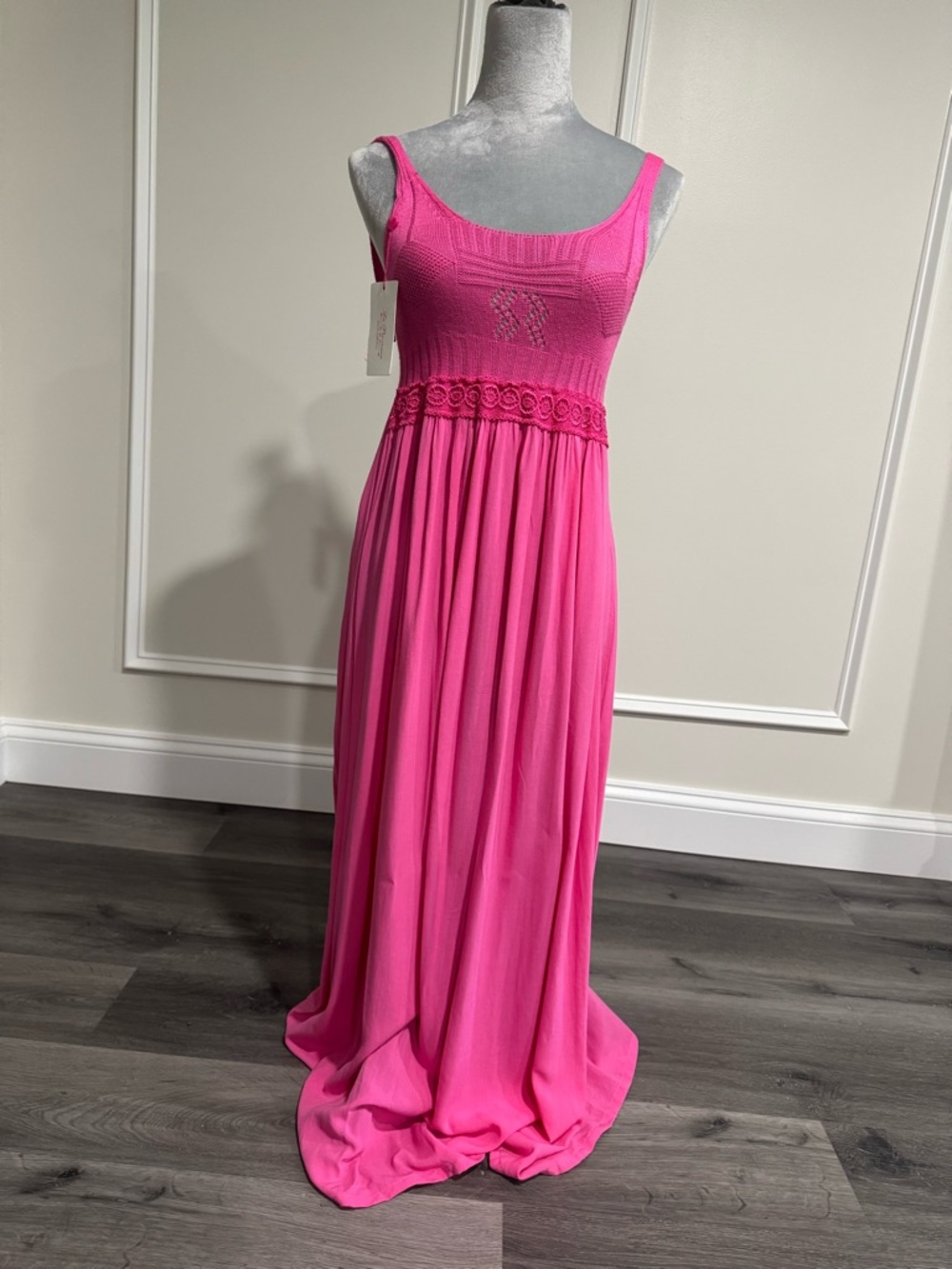 Bright Pink Sleeveless Maxi Dress with Crochet Waist